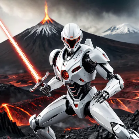 an action shot of a white futuristic robot, swinging two laser swords, mount doom in background, HD, masterpiece, best quality, hyper detailed, ultra detailed,