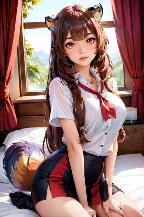 1girl in, 超A high resolution, Photorealistic, Best Quality, 8K resolution, masutepiece, Cat ears, Taut、Sheer 、Sexy thighs、Sheer 、Smile embarrassedly、full-face blush、Highest quality school uniforms,ultra-detailliert,​masterpiece,realisitic,Photo Real,Bright lighting,1 girl in, an extremely beautiful -yeld gi (kawaii:1.2),Thin smile, (Brown eyes),(brown haired),(bangss),perfect glossy skin,flawless skin,((erotick,Sexy and sexually explicit)),((accurate hands without incongruity)), large full breasts,big breasts thin waist, Look at viewers,