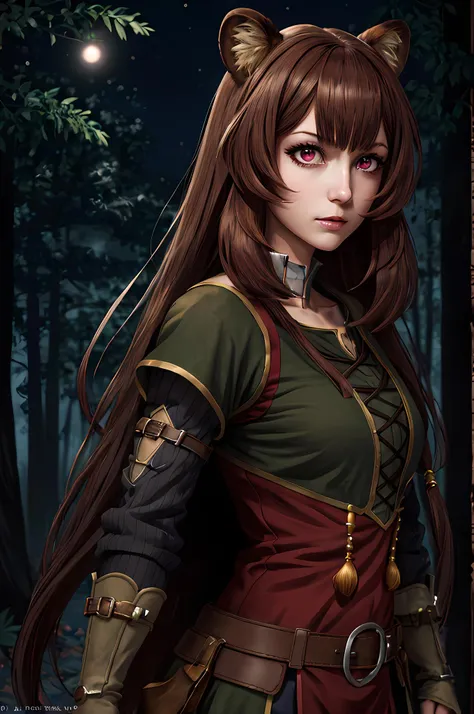 8k , masterpice, 1girl, detailed, style anime, <lora:Raphtalia:1> , Raphtalia , red eyes, brown hair , adult, breast, detailed face, detailed eyes , raccoon girl, in a dark fantasy forrest, <lora:epi_noiseoffset2:1.3>, at night, night, , pine forrest, raccoon ears, fighting stance, holding sword, <lora:Gloomifier_slider_LECO_500w:1.2>