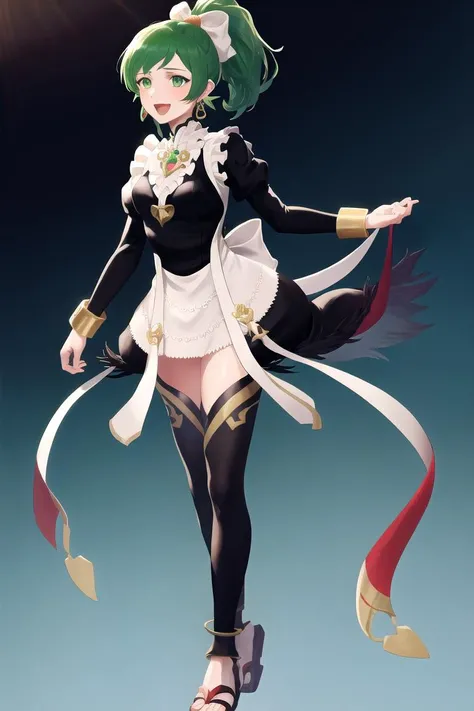 masterpiece, best quality, absurdres, <lora:lene_fe_v1:1>, lene, 
<lora:FEFatesMaid_v1:1>, fates maid,
1girl, solo, :d, floating hair, green hair, ponytail, green eyes, hair ribbon, ribbon, fine fabric emphasis, gold trim, bracelet, sandals, necklace, earrings, thighhighs, bridal gauntlets