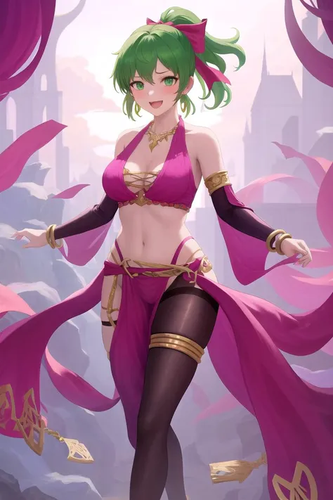 masterpiece, best quality, absurdres, <lora:lene_fe_v1:1>, lene, alternate costume, dancer, revealing clothes,
1girl, solo, :d, floating hair, jewelry, green hair, ponytail, green eyes, navel cutout, midriff, pelvic curtain, black legwear, pantyhose, hair ribbon, ribbon, o-ring top, fine fabric emphasis, cleavage, gold trim, bracelet, sandals, necklace, earrings, thigh strap, thigh bands, detached sleeves, bridal gauntlets, bare shoulders, loincloth