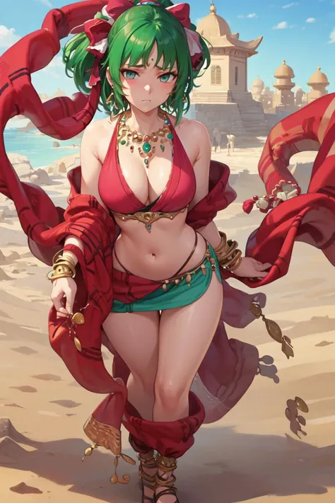 (masterpiece),( best quality:1.4),( ultra detailed:1.2), high resolution, (beautiful face:1.4), Ultra-detail, <lora:lene-fe-richy-v4:0.8>, lene, earrings, hoop earrings, bracelet, jewelery, necklace, navel, midriff, center opening, highly detailed skin, desert, temple, showing ass, hand on head, embarrassed expression, full body,