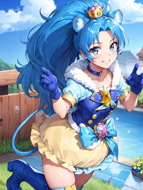 masterpiece, best quality, full_body, looking_at_viewer, cowboy shot, smile,
1girl, <lora:locon_cure_gelato_1:0.85>, cure gelato, lion girl, blue hair, mini crown, single thighhigh, blue gloves, tail, bubble skirt, blue boots, fur trim,
standing, garden,