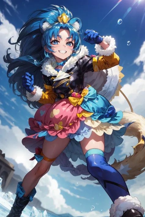 masterpiece,best quality,1girl,cure gelato,lion girl,blue hair,single thighhigh,blue gloves,tail,bubble skirt,blue boots,fur trim,grin,dynamic pose,sweets,candy,ice cream,blue sky,<lora:locon_cure_gelato_1:0.9>,