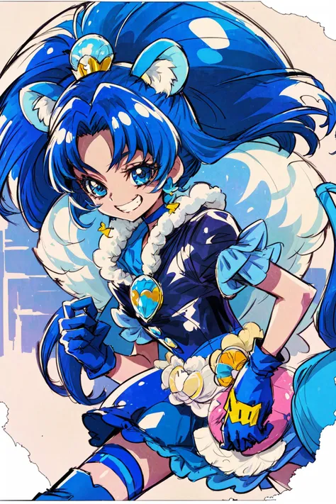 masterpiece,best quality,1girl,cure gelato,lion girl,blue hair,single thighhigh,blue gloves,tail,bubble skirt,blue boots,fur trim,grin,upper body,<lora:locon_cure_gelato_1:0.9>,<lora:KamikitaV2:0.8>,