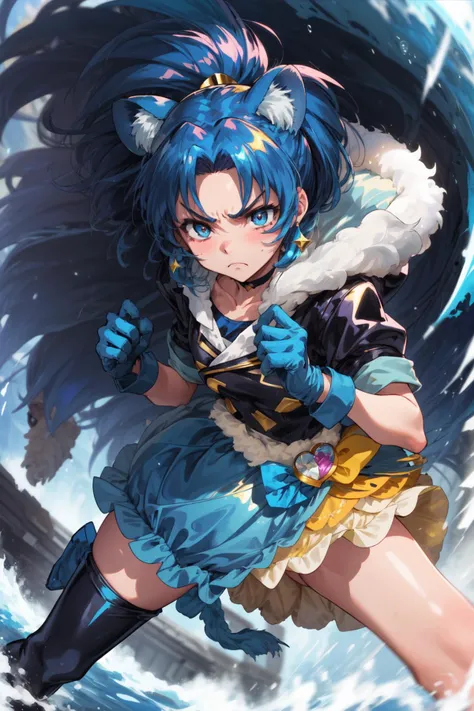 masterpiece,best quality,1girl,cure gelato,lion girl,blue hair,single thighhigh,blue gloves,tail,bubble skirt,blue boots,fur trim,(serious,frown),fighting stance,action pose,attack,motion lines,motion blur,blast wave,cowboy shot,<lora:locon_cure_gelato_1:0.9>,