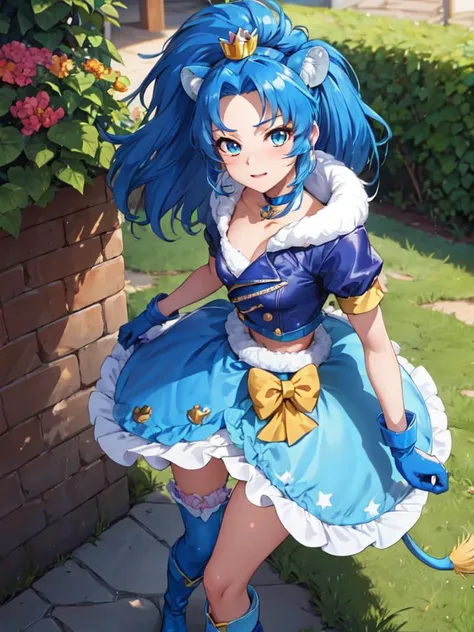 masterpiece, best quality, full_body, looking_at_viewer, cowboy shot,
1girl, <lora:locon_cure_gelato_1:0.85>, cure gelato, lion girl, blue hair, mini crown, single thighhigh, blue gloves, tail, bubble skirt, blue boots, fur trim,
standing, garden,