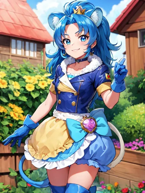 masterpiece, best quality, full_body, looking_at_viewer, cowboy shot, smile,
1girl, <lora:locon_cure_gelato_1:0.85>, cure gelato, lion girl, blue hair, mini crown, single thighhigh, blue gloves, tail, bubble skirt, blue boots, fur trim,
standing, garden,