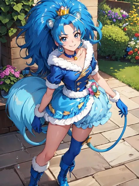 masterpiece, best quality, full_body, looking_at_viewer, cowboy shot, smile,
1girl, <lora:locon_cure_gelato_1:0.85>, cure gelato, lion girl, blue hair, mini crown, single thighhigh, blue gloves, tail, bubble skirt, blue boots, fur trim,
standing, garden,