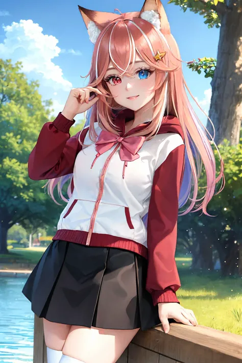 (masterpiece, best quality:1.2), solo, 1girl, kitsui akira, smile, looking at viewer, star hair ornament, heterochromia, hoodie, bowtie, long sleeves, black skirt, tail, outdoors <lora:vtuber_akira:1.0>