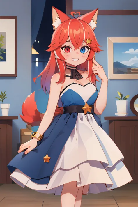 (masterpiece, best quality:1.2), solo, 1girl, kitsui akira, grin, looking at viewer, star hair ornament, heterochromia, dress, strapless, tail, ballroom <lora:vtuber_akira:1.0>