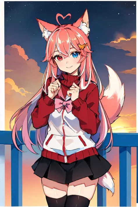 (masterpiece, best quality:1.2), solo, 1girl, kitsui akira, smile, looking at viewer,, star hair ornament, heterochromia, sweater, skirt, thighhighs, tail <lora:vtuber_akira:1.0>