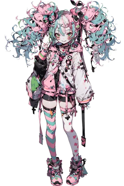 <lora:distorted_grotesque:1>, 1girl, virtual youtuber, solo, green hair, green eyes, thighhighs, shorts, full body, jacket, smile, closed mouth, striped, shirt, double bun, long sleeves, hair bun, braid, bangs, open clothes, white background, simple background, shoes, bow, open jacket, hood, standing, hooded jacket, collarbone, looking at viewer, white shirt, sleeves past wrists, blush, hair bow, pink shorts, striped thighhighs, short shorts, pink footwear, pink jacket, pink bow, hood down, drawstring, hair ornament, plaid, swept bangs, side braid, polka dot, tachi-e