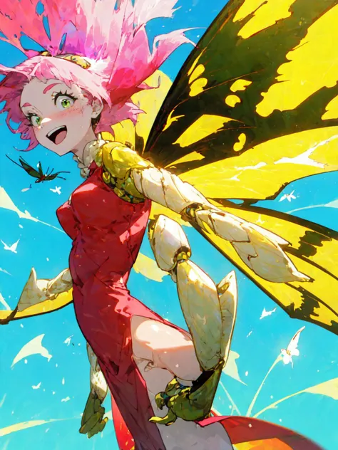 best quality,<lora:add_detail:0.3>, (1girl, solo, adult female, mature female), <lora:concept_goodHands:1>, <lora:detailed_eyes:1>,
<lora:concept_mothGirl_(moth woman--insect wings--antennae--extra arms):1>, moth woman, insect wings, antennae, (extra arms:1.3, mechanical arms),
<lora:character_harunoSakuraNaruto_lykon:0.7>, haruno sakura, green eyes, pink hair, forehead mark, short hair,
(insect joints:1.3, chitin:1.3), lithe, muscular, red dress, pelvic curtain, flying, in the air, windy, (blue sky, sunny, detailed background, outside), laughing, happy,