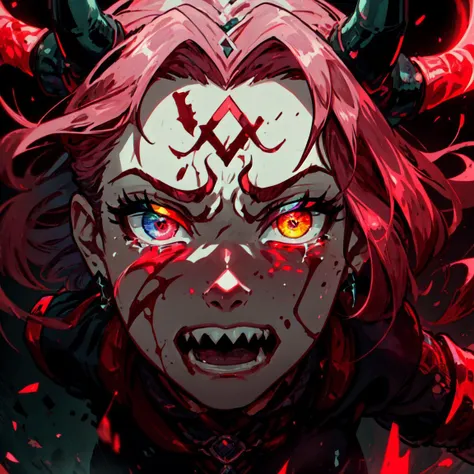 (masterpiece:1.2, best quality:1.2, beautiful, high quality, highres:1.1), detailed, extremely detailed 4K, perfect eyes, perfect face, perfect lighting,(1girl, solo, adult female, mature female), <lora:detailed_eyes:0.95> , <lora:tool_addDetail:0.2>
<lora:character_harunoSakuraNaruto_lykon:0.6> , pink hair, red eyes, haruno sakura, forehead mark, slit pupils, sharp teeth, demonictech horns, (heterochromia), green eyes,
<lora:style_demonicTech_(demonictech):0.85>, demonictech, glowing red runes, face close up, open mouth, screaming in pain, (corruption, mid_transformation), bloody tears, dutch angle, (close up:1.1), distress, pain, mouth wide open, agony, afraid, scared, terrified, constricted pupils, glowing blood red runes