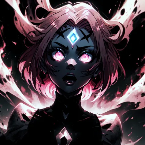 (masterpiece:1.2, best quality:1.2, beautiful, high quality, highres:1.1), detailed, extremely detailed 4K, perfect eyes, perfect face, perfect lighting, <lora:tool_addDetail:0.25>,(1girl, solo, adult female, mature female), <lora:detailed_eyes:0.7>,
<lora:style_abyssalTech_(abyssaltech--dark energy--ethereal--dissolving--see-through--abyss):0.9>, abyssaltech, dark energy, see-through, 
<lora:character_harunoSakuraNaruto_lykon:0.62>, haruno sakura, abyssaltech forehead mark, pink hair, glowing dark energy eyes, open mouth, awe, (dark energy forehead mark:1.4, ethereal forehead mark, glowing forehead mark:1.4), wide open eyes,constricted pupils,  [scared, afraid, worried],
face focus, (dutch angle:1.4)