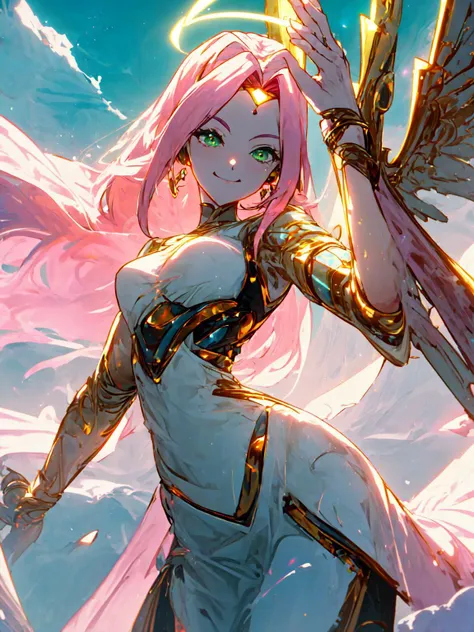 best quality,<lora:add_detail:0.3>, <lora:detailed_eyes:1>, <lora:concept_goodHands:1>, (1girl, solo, adult female, mature female),
<lora:style_blessedTech_(blessedtech):1>, blessedtech,
<lora:character_harunoSakuraNaruto_lykon:0.66>, haruno sakura, pink hair, green eyes, blessedtech forehead mark, blessed dress, smile, blue sky,