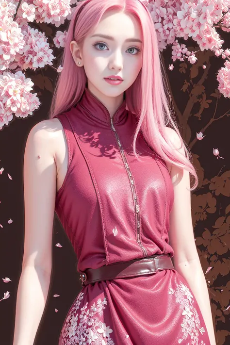 ultra realistic 8k cg, masterpiece, ((ultra detailed background, delicate pattern, intricate detail)), (highly detailed, fine details), best quality, 1girl, (photorealistic:1.4),beautiful lighting, absurdres, RAW photo, film grain, haruno sakura, naruto \(series\), showing ass, 1girl, blue headband, cherry blossoms, green eyes, grin, hair intakes, headband, jacket, long hair, pink hair, red jacket, sketch, sleeveless, sleeveless jacket, small breasts, smile, solo, (full body), ((masterpiece)), <lora:sakura:0.7>, standing, crazy eyes, ulzzang-6500-v1.1, pureerosface_v1