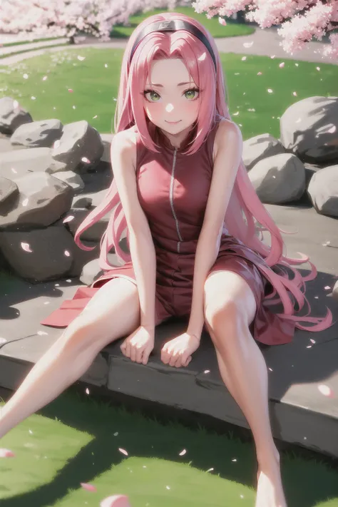 haruno sakura, naruto \(series\),( legs,bare legs,thighs:1.2), 1girl, blue headband, cherry blossoms, green eyes, hair intakes, headband, jacket, long hair, looking at viewer, pink hair, red jacket, sketch, sleeveless, sleeveless jacket, small breasts, smile, solo, portrait , ((masterpiece)), <lora:sakura:0.65> <lora:harunoSakuraNaruto_lykonV1:0.65> breasts, looking at viewer, parted bangs, small breasts, red shirt, parted bangs, aged down, stone bench,
