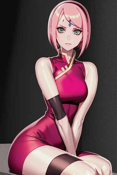 <lora:harunoSakuraNaruto_lykonV1:0.6>, haruno sakura, boruto: naruto next generations, naruto \(series\), 1girl, bangs, facial mark, green eyes, parted bangs, pink hair, red hairband, red shirt, short hair, sitting, sleeveless, sleeveless shirt, solo, upper body ((masterpiece))