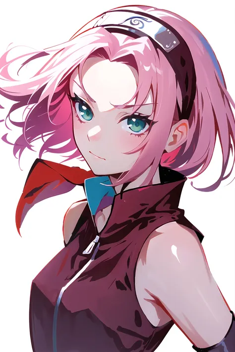 haruno sakura, naruto \(series\), naruto shippuuden,
1girl, konohagakure symbol, <lora:sakura:0.65>, bangs, breasts, closed mouth, elbow sleeve, eyes visible through hair, floating hair, forehead protector, foreshortening, green eyes, hair intakes, hairband, looking at viewer, parted bangs, pink hair, red shirt, shirt, short hair, sleeveless, sleeveless shirt, small breasts, solo, upper body, v-shaped eyebrows, white background, wind, portrait,
, ((masterpiece))