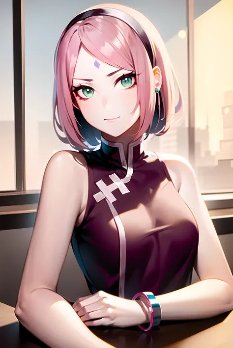 haruno sakura, boruto: naruto next generations, naruto \(series\),
1girl, bangs, bare arms, bracelet, closed mouth, desk, facial mark, flower, green eyes, hairband, indoors, jewelry, parted bangs, pink flower, pink hair, red hairband, red shirt, shirt, short hair, sitting, sleeveless, sleeveless shirt, solo, spring (season), upper body
, ((masterpiece))
<lora:sakura:0.65>