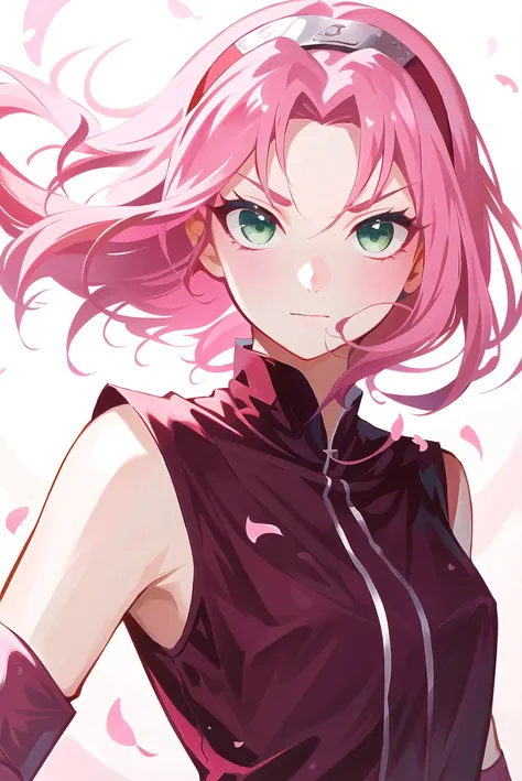 haruno sakura, naruto \(series\), naruto shippuuden, cherry blossoms, detailed background,

1girl, konohagakure symbol, bangs, breasts, closed mouth, elbow sleeve, eyes visible through hair, floating hair, forehead protector, foreshortening, green eyes, hair intakes, hairband, looking at viewer, parted bangs, pink hair, red shirt, shirt, short hair, sleeveless, sleeveless shirt, small breasts, solo, upper body, v-shaped eyebrows, white background, wind, portrait,
, ((masterpiece))

<lora:sakura:0.65>