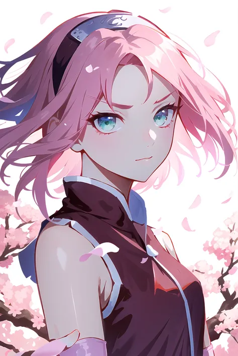 haruno sakura, naruto \(series\), naruto shippuuden, cherry blossoms, detailed background,

1girl, konohagakure symbol, bangs, breasts, closed mouth, elbow sleeve, eyes visible through hair, floating hair, forehead protector, foreshortening, green eyes, hair intakes, hairband, looking at viewer, parted bangs, pink hair, red shirt, shirt, short hair, sleeveless, sleeveless shirt, small breasts, solo, upper body, v-shaped eyebrows, white background, wind, portrait,
, ((masterpiece))

<lora:sakura:0.65>
