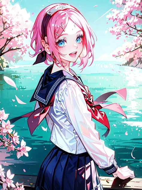 haruno sakura, naruto \(series\), naruto, 1girl, :d, alternate costume, blue eyes, cherry blossoms, collared shirt, flower, from side, grey sailor collar, grey skirt, hair flower, hair intakes, hair ornament, headband, long sleeves, looking at viewer, neckerchief, open mouth, pink flower, pink hair, pleated skirt, red headband, red neckerchief, sailor collar, sailor shirt, school uniform, shirt, short hair, skirt, smile, solo, standing, white background, white shirt , ((masterpiece)), <lora:harunoSakuraNaruto_lykonV1:0.8>