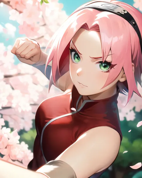 haruno sakura, naruto \(series\), naruto shippuuden, anime art style, masterpiece, 

looking at viewer, upper body, 

fighting pose, clenched hands, closed hands, contracted fingers, arm stretched out, raised fist, about to punch, detailed fist,  focus fist,

red shirt, shirt, short hair, sleeveless, sleeveless shirt, forehead protector, hairband, konohagakure symbol on hairband, 

1girl, solo, bangs, breasts, closed mouth, elbow sleeve, eyes visible through hair, floating hair, foreshortening, green eyes, hair intakes, parted bangs, pink hair, small breasts, v-shaped eyebrows, <lora:harunoSakura:0.65>, 

detailed background, outdoor, cherry blossoms, sky, cloud, wind, day, sunlight,