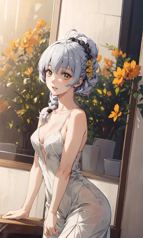 <lora:teletha_testarossa_v4:0.8>, <lora:add_detail:0.3>,
1girl,
Natural Volumetric Lighting And Best Shadows, Deep Depth Of Field, Sharp Focus, Portrait Of Stunningly Beautiful Girl, Soft Delicate Beautiful Attractive Face With Alluring Brown-Orange Eyes, Voluminous Mascara, Sharp Eyeliner, Open Mouth, Windswept Disheveled White Hair, Ahoge, Thick Layered Absurdly Long Hairstyles, Blush Eyeshadow With Thick Eyelashes, Parted Lips, Dramatic, Raytracing, Picturesque, Brilliant Colorful Paintings,
ultra wide-angle lens,
epic graphics, dazzling and realistic light, high-quality top-notch painting, wide perspective, sharp and rich details, comfortable illustrations in the neighborhood, unparalleled wallpapers, warm spotlights, cinematic shadows, Highest Quality, Amazing Details,
wearing a gorgeous dress, party gown, silver and white single ponytail, long hair and some bangs, decorative hairbands, collarbone, (flowers and petals, rose:0.7)
embarrassing smile, window wall, neon light, modern design,