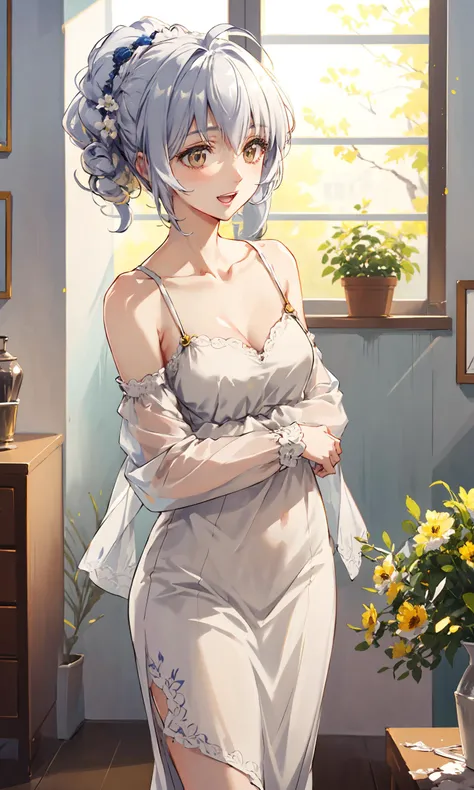 <lora:teletha_testarossa_v4:0.8>, <lora:add_detail:0.3>,
1girl,
Natural Volumetric Lighting And Best Shadows, Deep Depth Of Field, Sharp Focus, Portrait Of Stunningly Beautiful Girl, Soft Delicate Beautiful Attractive Face With Alluring Brown-Orange Eyes, Voluminous Mascara, Sharp Eyeliner, Open Mouth, Windswept Disheveled White Hair, Ahoge, Thick Layered Absurdly Long Hairstyles, Blush Eyeshadow With Thick Eyelashes, Parted Lips, Dramatic, Raytracing, Picturesque, Brilliant Colorful Paintings,
ultra wide-angle lens,
epic graphics, dazzling and realistic light, high-quality top-notch painting, wide perspective, sharp and rich details, comfortable illustrations in the neighborhood, unparalleled wallpapers, warm spotlights, cinematic shadows, Highest Quality, Amazing Details,
wearing a gorgeous dress, party gown, silver and white single ponytail, long hair and some bangs, decorative hairbands, collarbone, (flowers and petals, rose:0.7)
embarrassing smile, window wall, neon light, modern design,