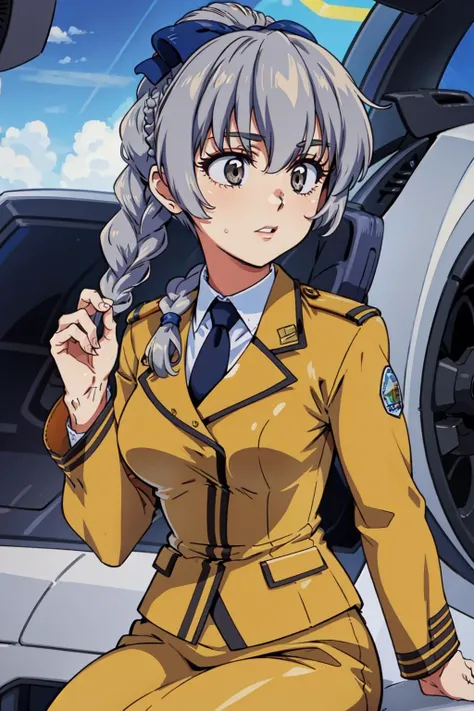 <lora:teletha_testarossa_v1:0.6> 1girl, solo, braided ponytail, single braid, grey eyes, grey hair, military uniform, black necktie, blue bow, brown skirt, highly detailed,HDR,8k resolution, best quality, perfect face, beautiful face, beautiful eyes, (looking away), blush, closed mouth,(panties, crotch seam:1.0),(brown pencil skirt lift by herself:1.0),standing,sweaty skin,(pussy juice:1.0), indoors, central control room, nsfw, <lora:excessive_pubic_hairConv2D:1> excessive grey pubic hair,