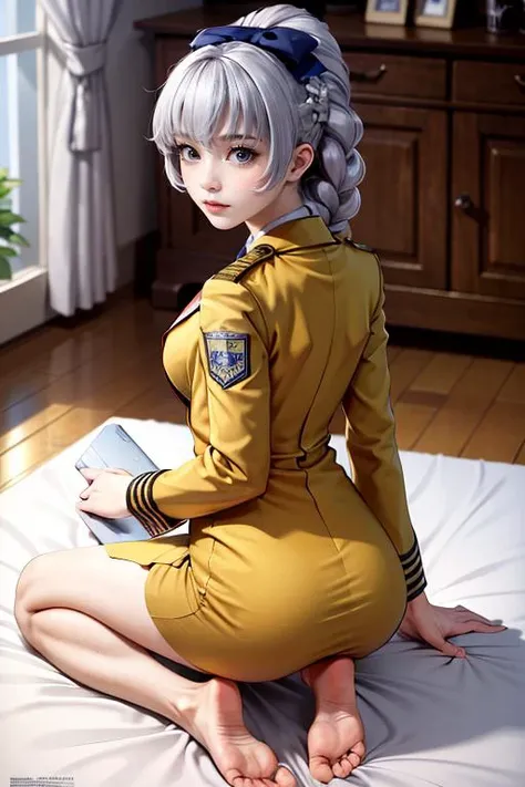masterpiece,best quality,absurdres,
1girl, solo, braided ponytail, single braid, grey eyes, grey hair, military uniform, black necktie, blue bow, brown skirt,
<lora:teletha_testarossa_v4:0.7>,
<lyco:feetaway1-000006:1.0>,feet, ass,from behind,