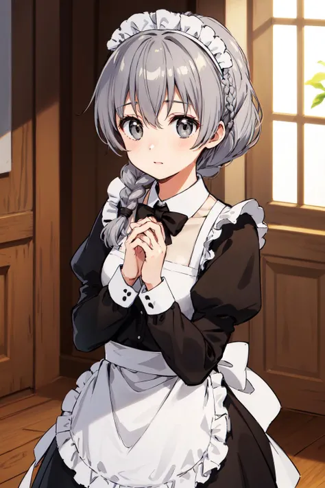 masterpiece, best quality, highres, 1girl, solo, braided ponytail, single braid, grey eyes, grey hair, <lora:teletha_testarossa_v1:0.6>, maid, maid headdress, maid apron, indoors, own hands together,