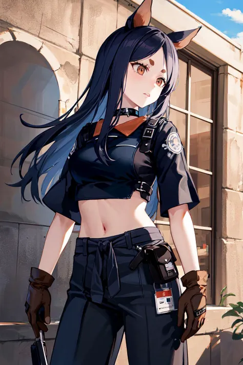 masterpiece, best quality, highres, dob1, long hair, animal ears, crop top, brown gloves, midriff, black shirt, black choker, black pants, thick eyebrows, <lora:dobermann_(arknights)_v1:0.7>, cowboy shot, standing, outdoors,