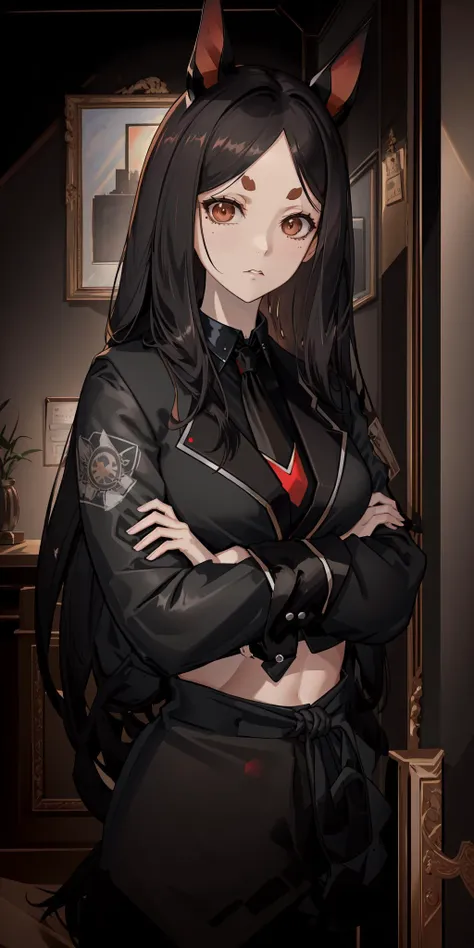 (masterpiece, best quality, high resolution), <lora:dobermann_(arknights)_v1:0.7>, DOB1, LONG HAIR, ANIMAL EARS, THICK EYEBROWS, MIDRIFF, BLACK CHOKER, dog tail, black hair, medium breasts, ((suit)), business suit, open jacket, necktie, crossed arms, staring, looking at viewer, upper body, office lady, office, indoors, brown eyes,