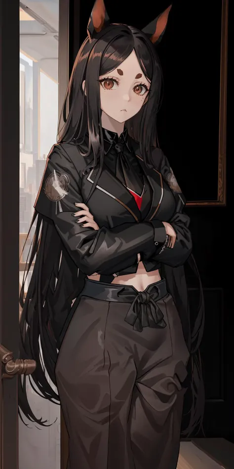 (masterpiece, best quality, high resolution), <lora:dobermann_(arknights)_v1:0.7>, DOB1, LONG HAIR, ANIMAL EARS, THICK EYEBROWS, MIDRIFF, BLACK CHOKER, dog tail, black hair, medium breasts, ((suit)), business suit, open jacket, necktie, crossed arms, staring, looking at viewer, upper body, office lady, office, indoors, brown eyes,