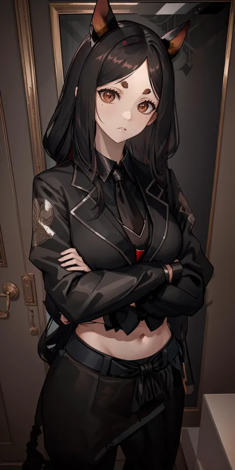 (masterpiece, best quality, high resolution), <lora:dobermann_(arknights)_v1:0.7>, DOB1, LONG HAIR, ANIMAL EARS, THICK EYEBROWS, MIDRIFF, BLACK CHOKER, dog tail, black hair, medium breasts, ((suit)), business suit, open jacket, necktie, crossed arms, staring, looking at viewer, upper body, office lady, office, indoors, brown eyes,