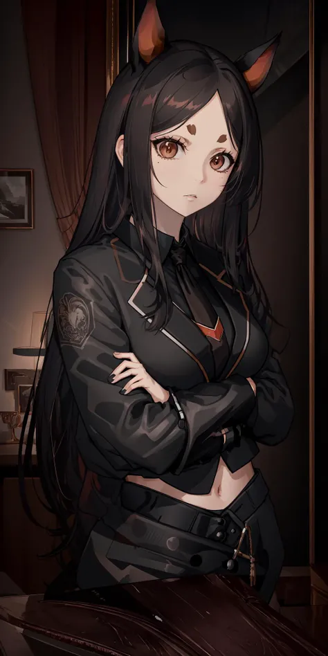 (masterpiece, best quality, high resolution), <lora:dobermann_(arknights)_v1:0.7>, DOB1, LONG HAIR, ANIMAL EARS, THICK EYEBROWS, MIDRIFF, BLACK CHOKER, dog tail, black hair, medium breasts, ((suit)), business suit, open jacket, necktie, crossed arms, staring, looking at viewer, upper body, office lady, office, indoors, brown eyes,