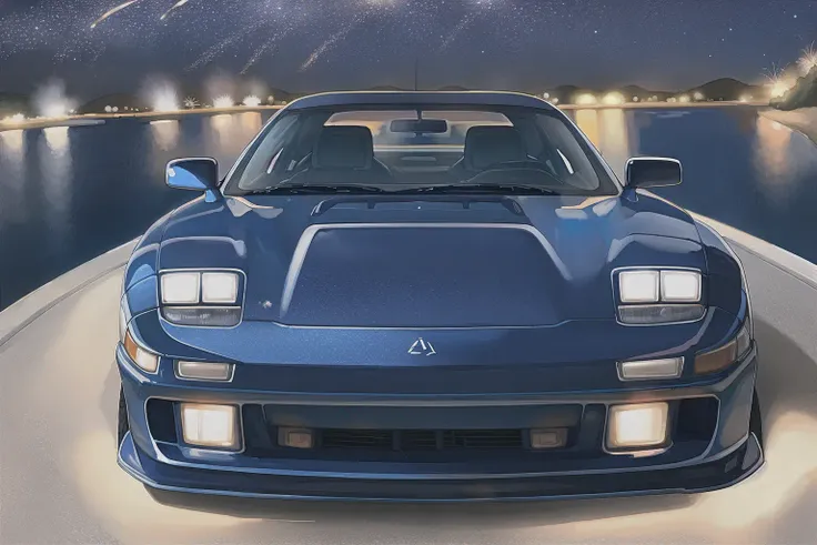 3000GTVR4 ice blue body, parked near a beach, fireworks:1.0 in night sky, wide-angle, aerial side view, masterpiece, award winning, night sky, beautifully detailed fireworks, natural lighting, ocean waves, sharp focus, smooth, intricate details, 8k wallpaper, trending on artstation <lora:3000GTVR4:0.8>
