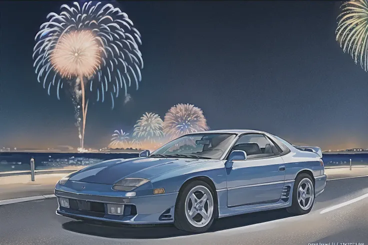 3000GTVR4 ice blue body, parked near a beach, fireworks:1.0 in night sky, wide-angle, aerial side view, masterpiece, award winning, night sky, beautifully detailed fireworks, natural lighting, ocean waves, sharp focus, smooth, intricate details, 8k wallpaper, trending on artstation <lora:3000GTVR4:0.8>