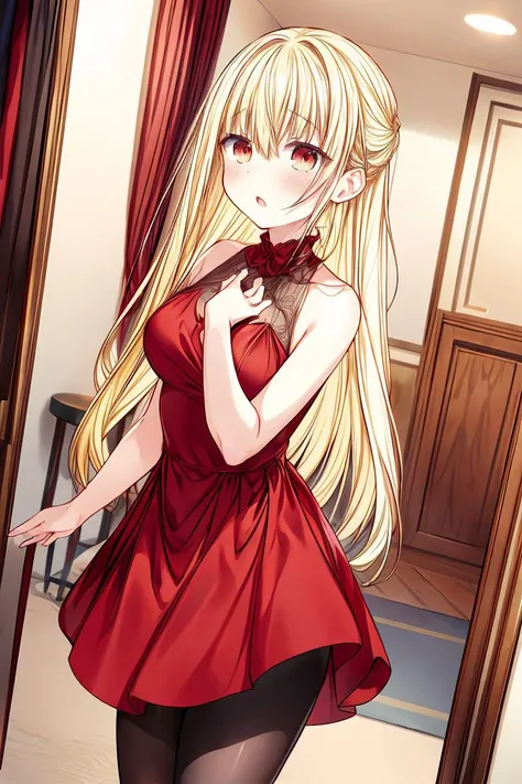 (masterpiece, best quality), 1girl, blonde hair, red dress, pantyhose, cute face, blush,