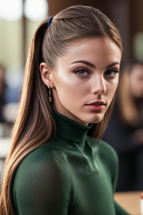 photo of extremely sexy (c4rmr0se-130:0.99), a woman as a sexy student, closeup portrait, smelling a flower, (green tight long sleeve turtleneck top), at a cantina sitting bar (masterpiece:1.5) (photorealistic:1.1) (bokeh) (best quality) (detailed skin texture pores hairs:1.1) (intricate) (8k) (HDR) (wallpaper) (cinematic lighting) (sharp focus), (eyeliner), (painted lips:1.2), (earrings)