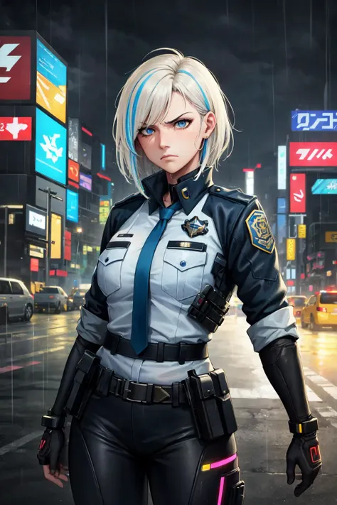 (masterpiece:1.2), (best quality:1.2), perfect eyes, perfect face, volumetric lighting, cowboy shot, 1girl, hardboiled mature female police officer, frowning, cyberpunk, wearing uniform, cybernetics, neon lights, rain, urban setting, colorful streaks, detailed background