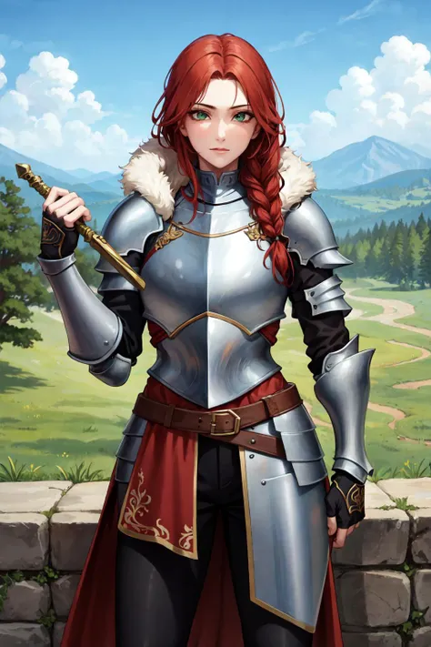 (masterpiece:1.2), (best quality:1.2), perfect eyes, perfect face, volumetric lighting, 1girl, mature female knight wielding a sword, long red hair, intricate braid, green eyes, wearing heavy armor, pauldron, chainmail, fingerless gauntlets, red cloak, black leather pants, belt, straps, emblazoned heraldic crest, fur lined, fantasy, standing atop a castle wall, detailed outdoor background