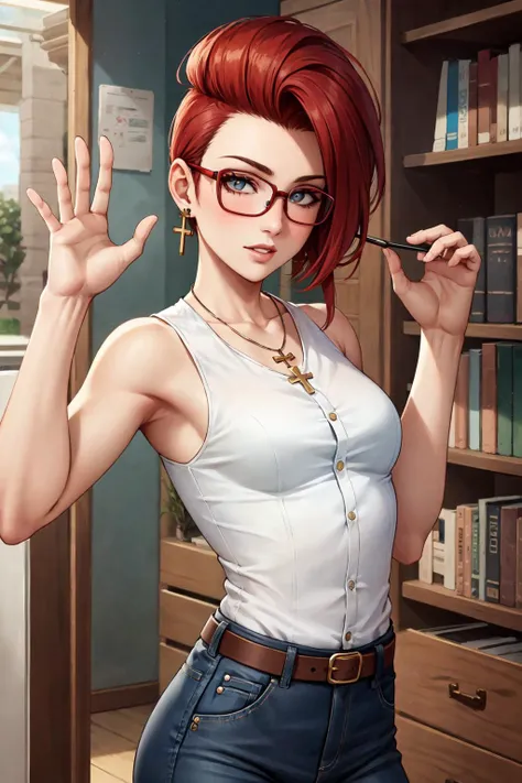 (masterpiece:1.2), (best quality:1.2), perfect eyes, perfect face, volumetric lighting, 1girl, mature female, librarian, high waisted pants, sleeveless buttoned shirt, small glasses, short red hair, pompadour cut, earrings, cross necklace, belt, leaning back