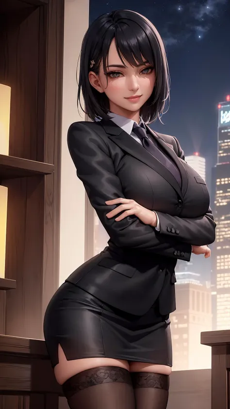 (masterpiece), (best quality), (perfect face), extremely detailed skin pores, (detailed skin:1.2), artstation, night, office, night sky,
cool girl, dark business jacket, dark business skirt, thighhighs, black short hair, straight face, light smile, standing, portrait,