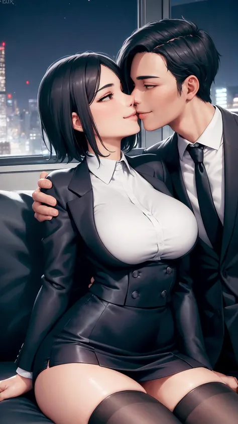 (masterpiece), (best quality), (perfect face), extremely detailed skin pores, (detailed skin:1.2), artstation, night, office, night sky,
(couple:1.5), couple sitting, (mature man, salaryman, wild, short balck hair, smile, girl's breast grab), (cool girl, dark business jacket, dark business skirt, thighhighs, black short hair, straight face, light smile), (sitting on couch), face-to-face, kiss, upper body,