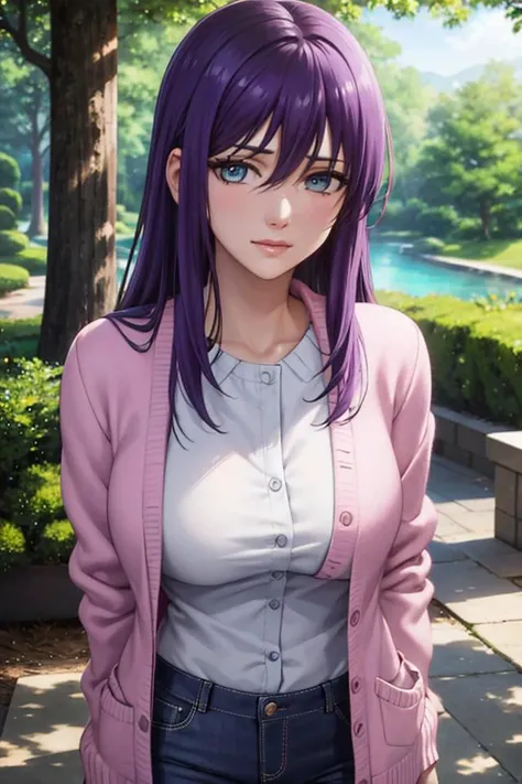 masterpiece, (best quality), 1woman,1girl ,ao horie, purple hair , long hair, blue eyes,white shirt,cardigan,sexy woman,hair between eyes ,closed clothes, pants, vibrant colors ,natural lighting ,RTX, large breasts, beautiful, (detailed face:1.2), showcase, (perfect eyes:1.1) ,(photorealistic:1.1), 8k uhd, looking a viewer, outdoors, simple backround
